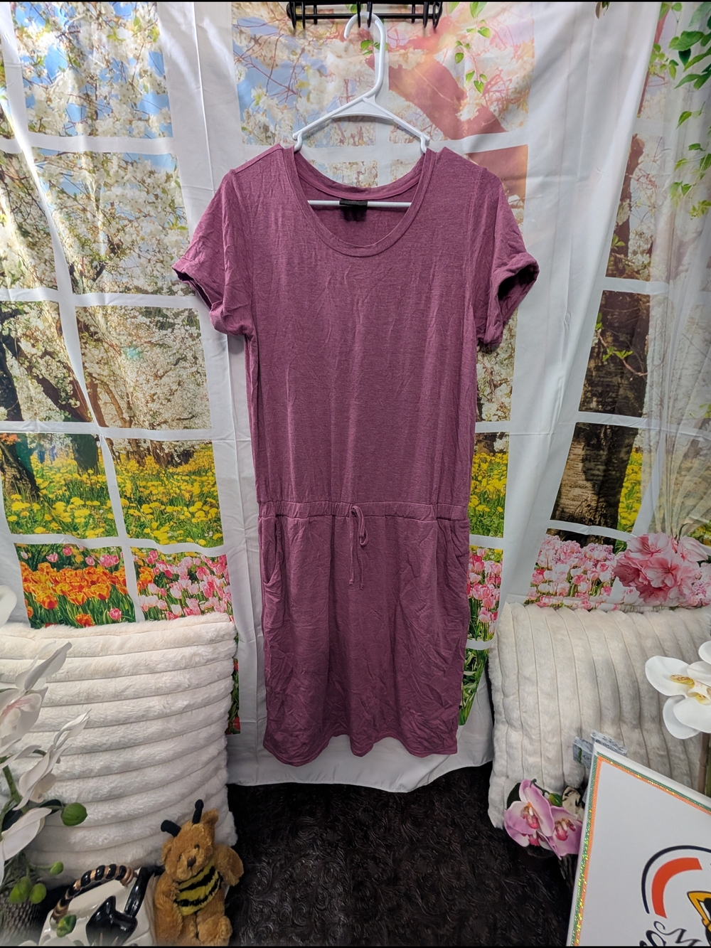 Mauve Short Sleeve Drawstring Waist Dress